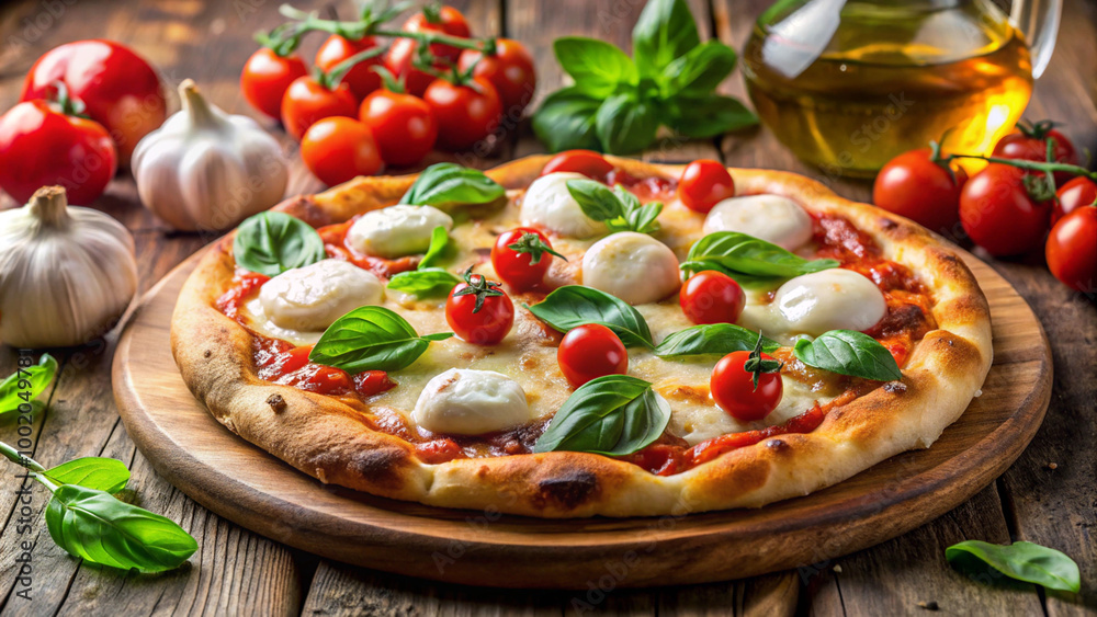 A delicious pizza topped with mozzarella, basil, and cherry tomatoes on a wooden board, enhanced by olive oil and garlic. A delicious pizza topped with mozzarella, basil, and cherry tomatoes on a wooden board, enhanced by olive oil and garlic.