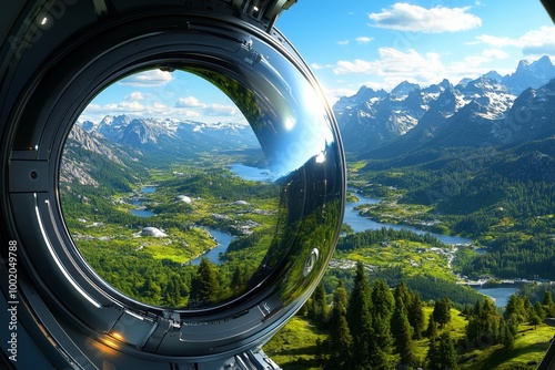 A futuristic space colony with stunning landscapes, where artificial environments replicate forests, rivers, and mountains on distant planets