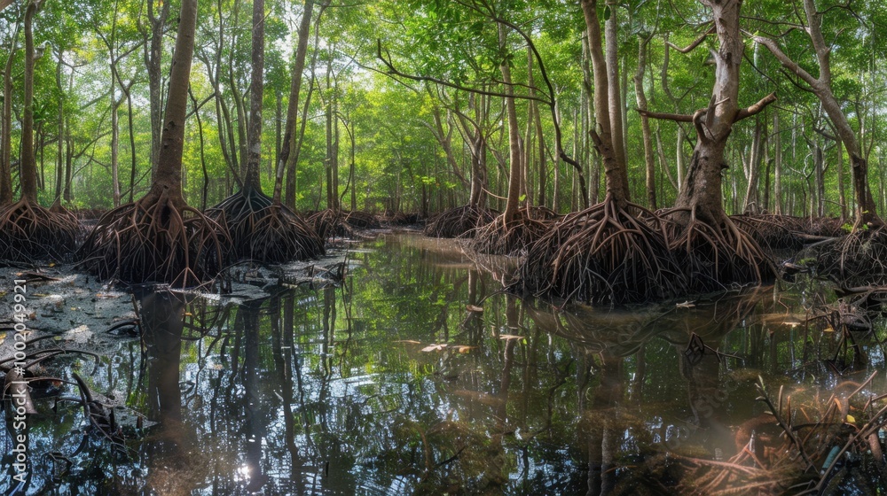 Tranquil Mangrove Forest with Water Reflection Tranquil Mangrove Forest with Water Reflection