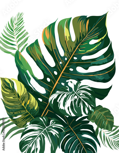 Abstract tropical and monstera leaves in colorful on white background, vector and illustration.