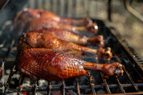 Smoked turkey legs on the grill with rich barbecue flavor for a smoky BBQ feast backdrop