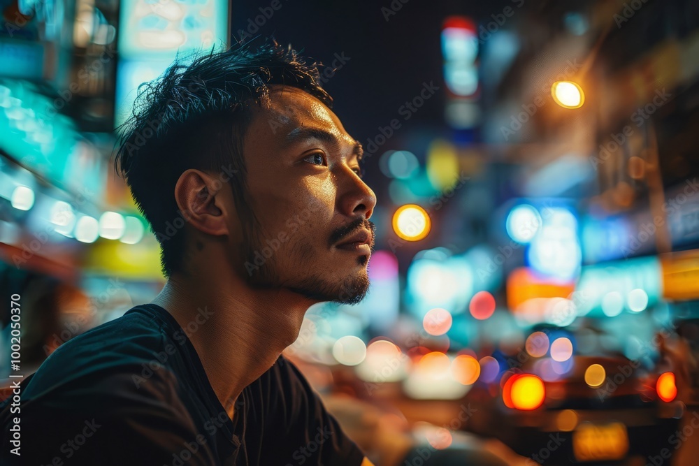 Obraz premium Portrait of a young Asian man in the street at night.