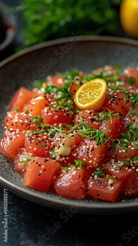 Freshly prepared diced tuna salad topped with herbs and a slice of lemon on a dark plate in a gourmet kitchen setting