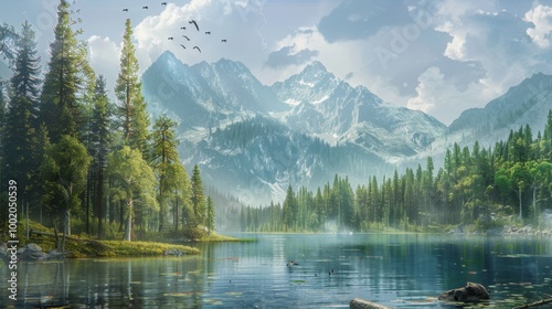 Serene Mountain Lake Surrounded by Lush Forests