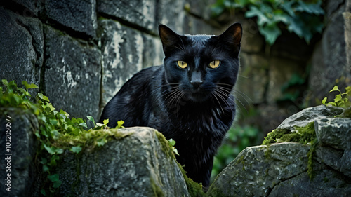 Black cat on old castle with moss. photo