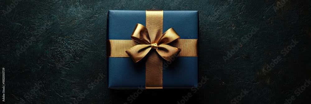 Dark blue gift box with a luxurious gold satin ribbon photographed from above on a dark background. Dark blue gift box with a luxurious gold satin ribbon photographed from above on a dark background.