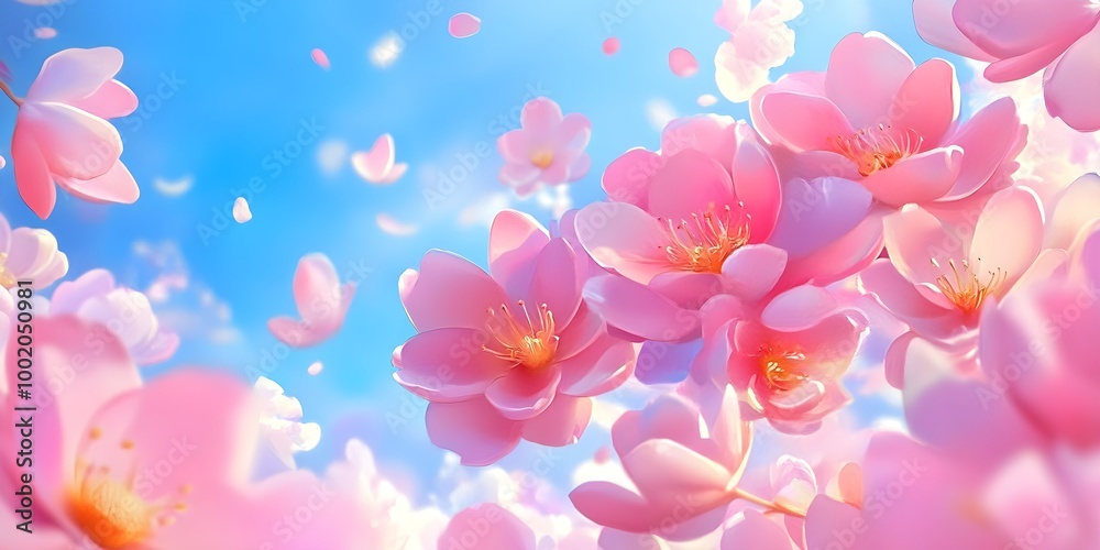 a dreamy and vibrant scene of pink cherry blossoms against a bright blue sky. The flowers are in full bloom, with delicate petals that vary in shades of pink, creating a soft and romantic atmosphere a dreamy and vibrant scene of pink cherry blossoms against a bright blue sky. The flowers are in full bloom, with delicate petals that vary in shades of pink, creating a soft and romantic atmosphere