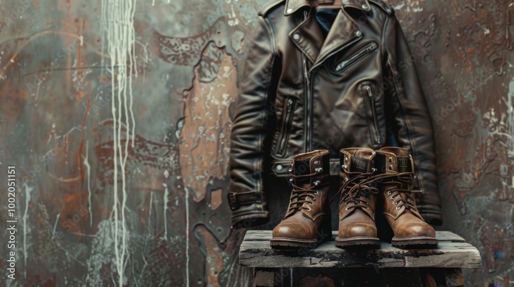Fototapeta premium Stylish Leather Jacket and Vintage Boots Display