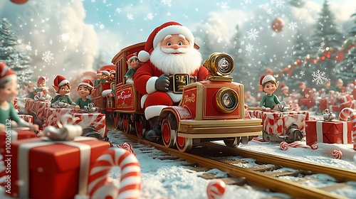 Santa Claus driving a festive train with toy cars and elves, surrounded by wrapped gifts and candy canes, with snowflakes floating through the air, cute cartoon style,