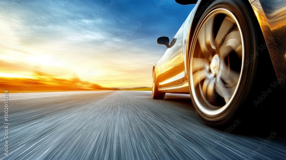 A dynamic view of a car's wheel on a road, capturing speed and movement against a vibrant sunset backdrop. A dynamic view of a car's wheel on a road, capturing speed and movement against a vibrant sunset backdrop.