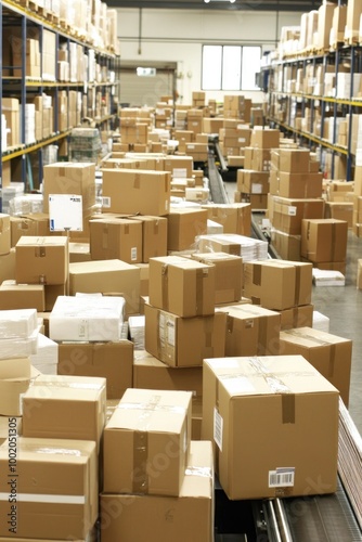 A busy warehouse filled with stacked cardboard boxes ready for distribution.