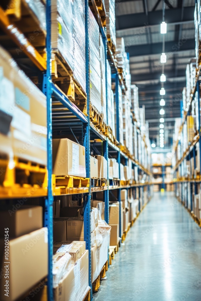 A warehouse interior with shelves filled with stacked boxes and pallets.