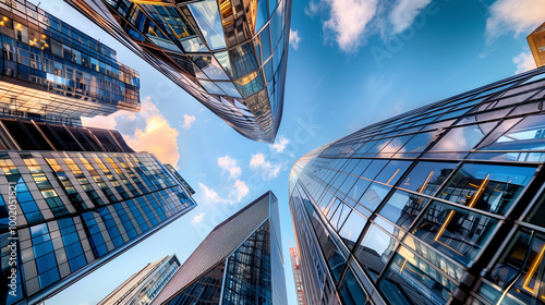 Wallpaper Mural A dynamic wide-angle view looking up at the modern skyline in London’s financial district, showcasing contemporary buildings and unique architecture against the sky. Torontodigital.ca