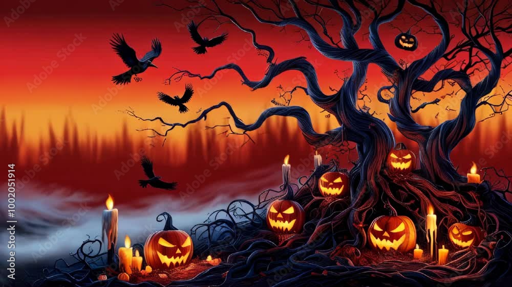 Haunting Halloween night at an eerie forest with glowing pumpkins and flying crows Haunting Halloween night at an eerie forest with glowing pumpkins and flying crows
