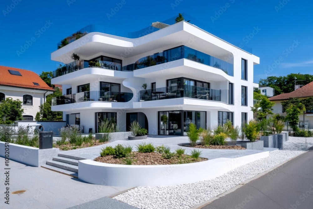 Fototapeta premium A modern urban residential building, featuring large balconies, sustainable materials, and a minimalist design that blends with the city skyline
