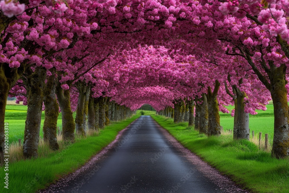 A quiet countryside road lined with cherry blossoms, their pink petals forming a natural canopy over the path, creating a tranquil and magical scene A quiet countryside road lined with cherry blossoms, their pink petals forming a natural canopy over the path, creating a tranquil and magical scene
