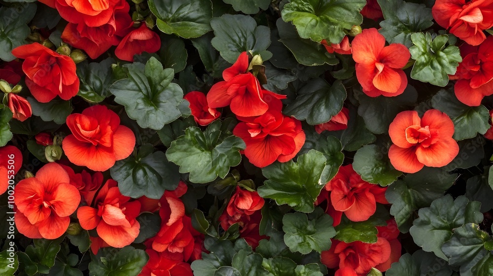 a dense cluster of vibrant red flowers surrounded by dark green leaves. The flowers have multiple petals, giving them a full and lush appearance a dense cluster of vibrant red flowers surrounded by dark green leaves. The flowers have multiple petals, giving them a full and lush appearance