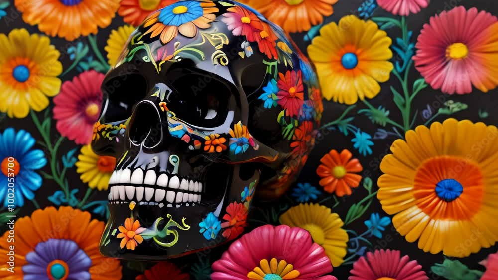 Vibrant decorative skull with floral designs against a colorful backdrop filled with flowers Vibrant decorative skull with floral designs against a colorful backdrop filled with flowers