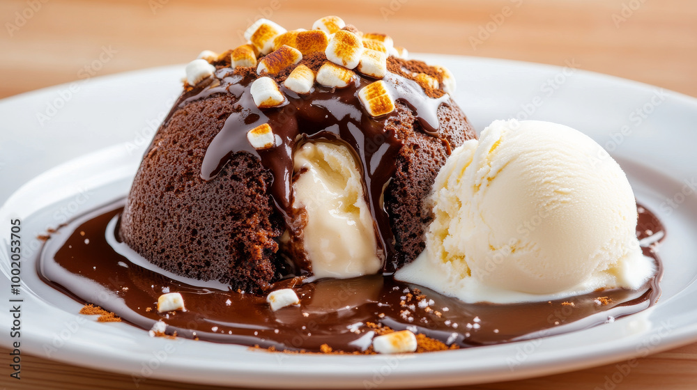 A close up shot of delicious chocolate lava cake, featuring molten chocolate and scoop of vanilla ice cream, topped with toasted marshmallows, creating delightful dessert experience A close up shot of delicious chocolate lava cake, featuring molten chocolate and scoop of vanilla ice cream, topped with toasted marshmallows, creating delightful dessert experience