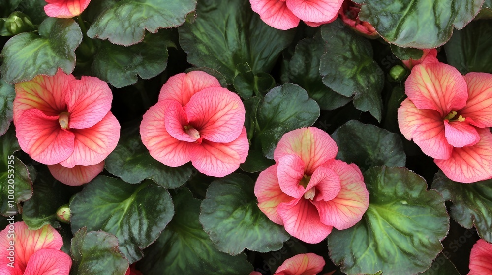 a cluster of vibrant pink flowers with dark green leaves. The flowers have a soft, round shape with petals that are slightly ruffled at the edges. The leaves are broad and have a slightly glossy textu a cluster of vibrant pink flowers with dark green leaves. The flowers have a soft, round shape with petals that are slightly ruffled at the edges. The leaves are broad and have a slightly glossy textu