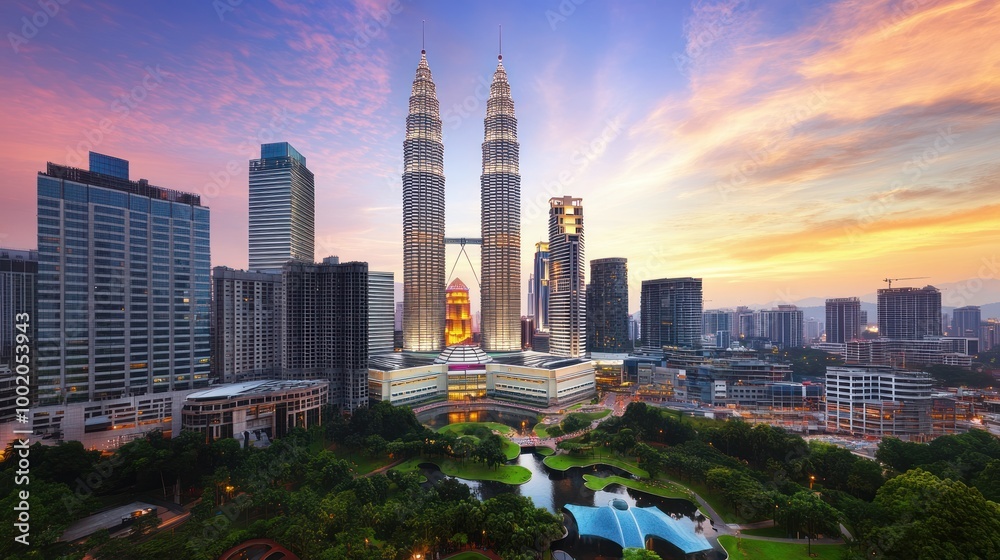 Fototapeta premium A stunning sunset view of a modern city skyline featuring iconic twin towers and greenery.