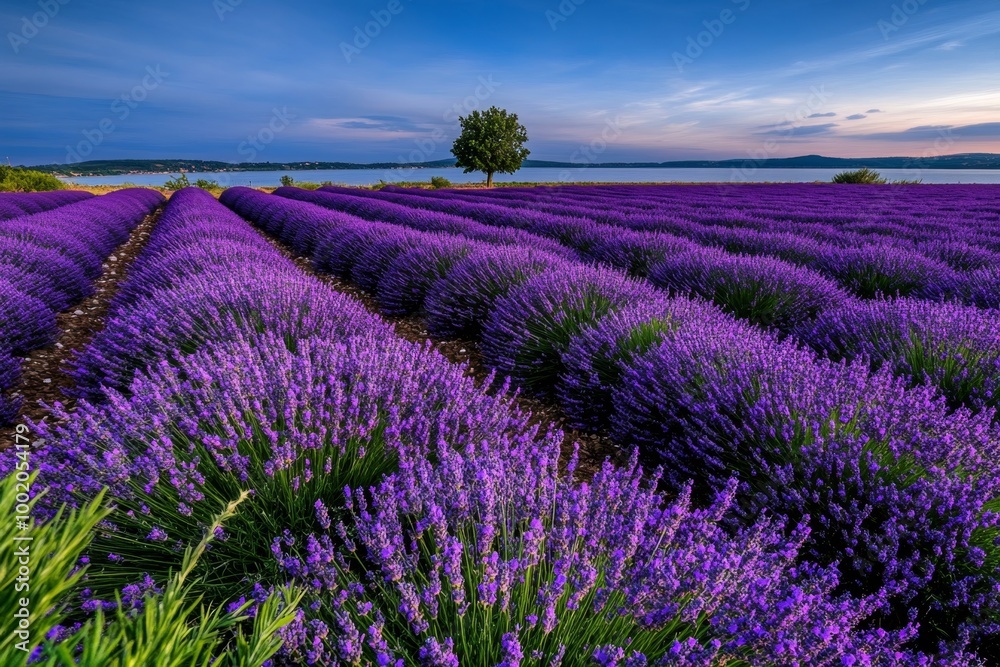 Obraz premium A rolling field of lavender under a deep blue sky, with rows of purple blooms stretching toward the horizon and a single tree in the distance