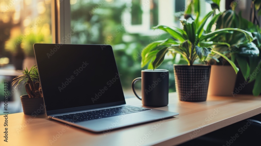 Minimalist home office setup with a laptop, coffee mug, and potted plants by a sunlit window, creating a relaxing workspace atmosphere. Minimalist home office setup with a laptop, coffee mug, and potted plants by a sunlit window, creating a relaxing workspace atmosphere.