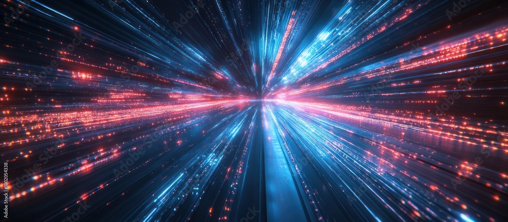 Abstract glowing lines of red and blue light converge in the center of the image, creating a sense of speed and movement. Abstract glowing lines of red and blue light converge in the center of the image, creating a sense of speed and movement.