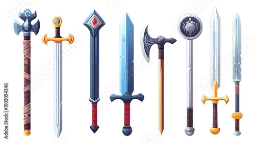 Sword icon set for games, isolated collection of fantasy knight knives, vector cartoon medieval weapon kit. Viking military axe, metal combat blade, and UI magic old defense armor badge. Cartoon sword