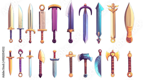 Sword icon set for games, isolated collection of fantasy knight knives, vector cartoon medieval weapon kit. Viking military axe, metal combat blade, and UI magic old defense armor badge. Cartoon sword