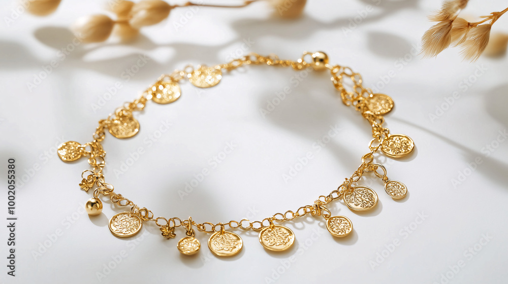 gold coin anklet on white background with dried flowers gold coin anklet on white background with dried flowers