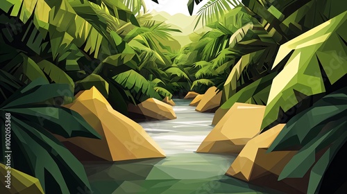 A winding river flows through a dense jungle, surrounded by lush greenery and large rocks. photo