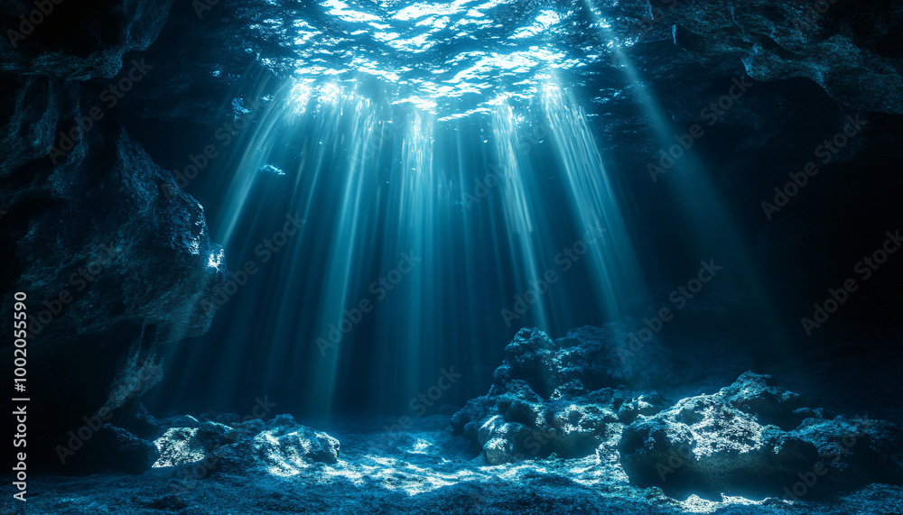A deep, mysterious underwater cave with beams of light breaking through the water’s surface, creating an eerie and magical underwater world A deep, mysterious underwater cave with beams of light breaking through the water’s surface, creating an eerie and magical underwater world