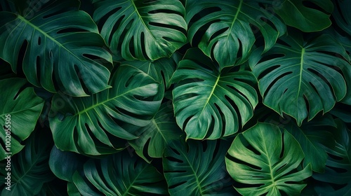 Top view of a Monstera banner, leaves forming an organic wave pattern, rich green texture with delicate veins, soft focus edges for a calming effect