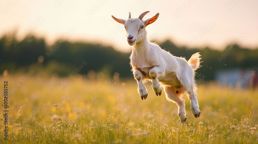 A young Saanen goat leaping playfully in an open meadow, capturing a moment of joy under a warm afternoon sun. A young Saanen goat leaping playfully in an open meadow, capturing a moment of joy under a warm afternoon sun.