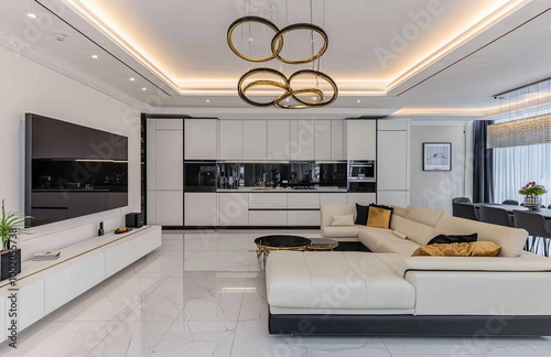 Living room interior design with designed rood with warm lights, cabinets, large led on wall and white sofa set in the center of the livingroom. Created with Ai