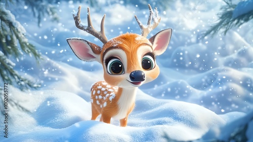 An adorable cartoon deer with big expressive eyes standing amidst a blanket of fresh snow radiating warmth in a winter wonderland photo