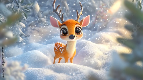 An adorable cartoon deer with big expressive eyes standing amidst a blanket of fresh snow radiating warmth in a winter wonderland photo