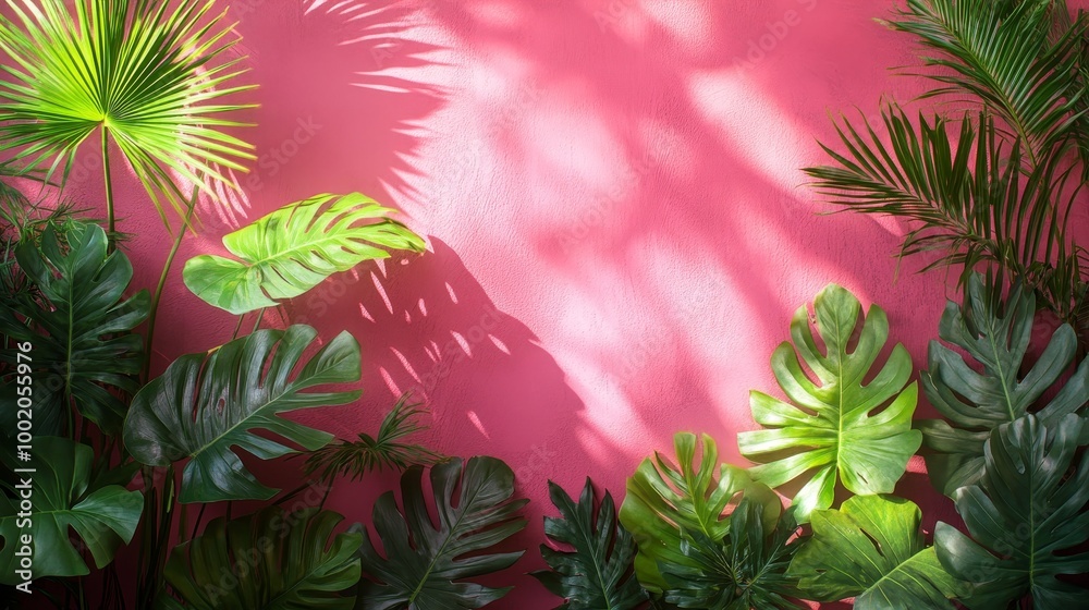 Tropical monstera and palm branches fanned out on a bold pink backdrop, dynamic arrangement, high clarity, and vibrant greens with realistic shadows Tropical monstera and palm branches fanned out on a bold pink backdrop, dynamic arrangement, high clarity, and vibrant greens with realistic shadows