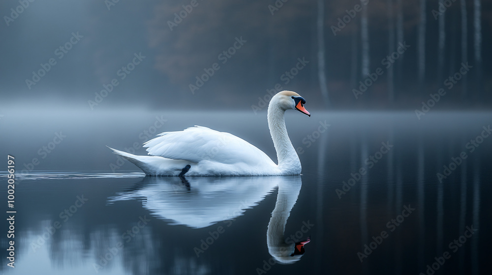 elegant white swan in misty lake with reflection, serenity nature photography elegant white swan in misty lake with reflection, serenity nature photography