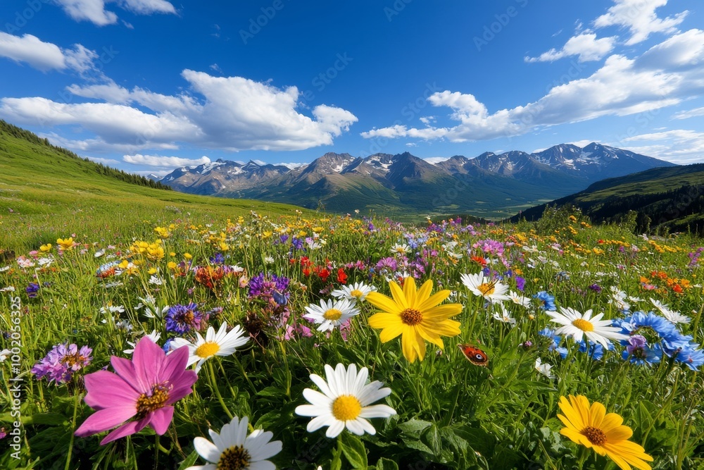 Obraz premium An alpine meadow rich in biodiversity, with wildflowers, butterflies, and mountain wildlife coexisting in harmony among the high peaks