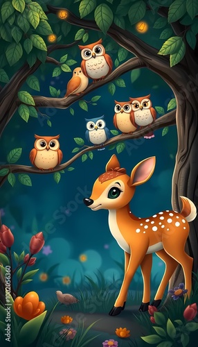 A cute baby deer in a whimsical forest, with the adorable owls and bird, perched on the branch of tree, in night, lush gree, cartoon style