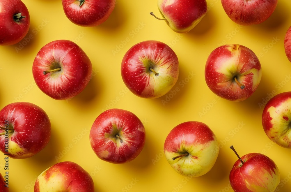 A pattern of red apples arranged on an isolated yellow background, creating a bold and colorful contrast perfect for healthy eating, autumn, or food-related designs A pattern of red apples arranged on an isolated yellow background, creating a bold and colorful contrast perfect for healthy eating, autumn, or food-related designs