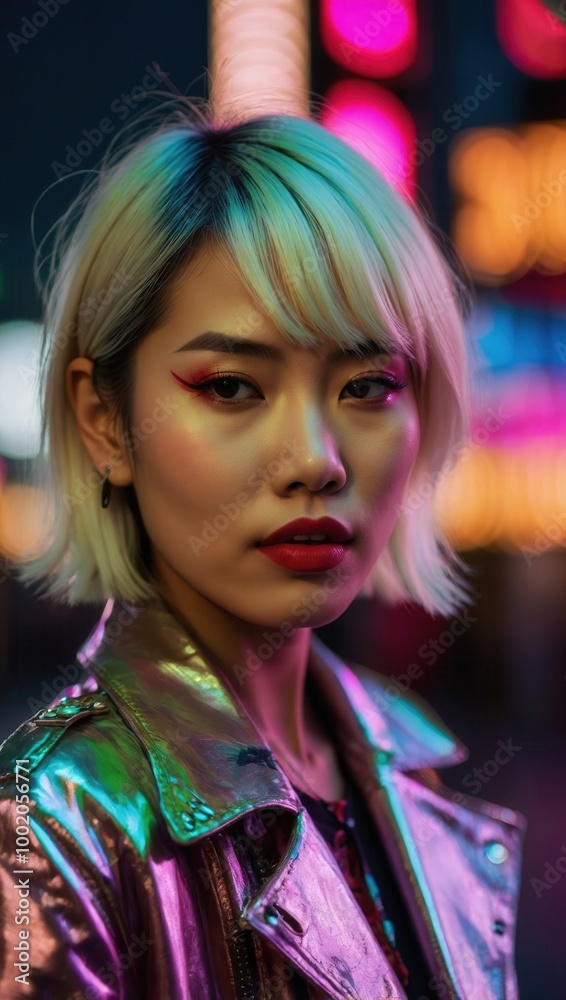 Naklejka premium Woman with blunt hair and metallic jacket in neon-lit urban street