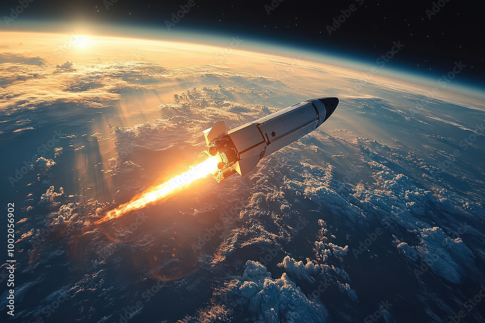 Fototapeta premium A vibrant sunset scene featuring a rocket launching into a clear blue sky, surrounded by fluffy clouds and smoke.