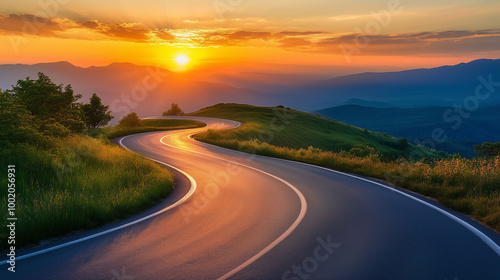 Winding Road at Sunset. A scenic road winding through the mountains at sunset.