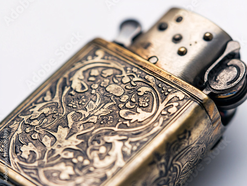 close-up of vintage brass lighter with intricate floral design