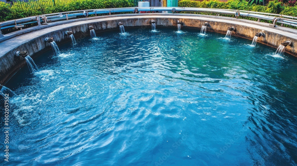 A circular water treatment facility with flowing water outlets and clear blue water.