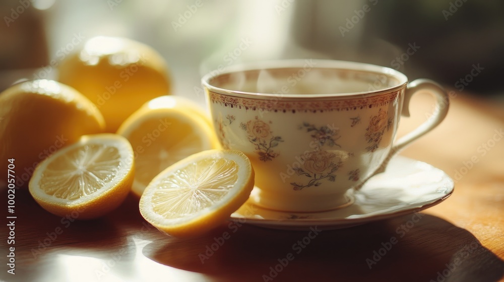 A small, delicate teacup resting on a saucer with lemon slices, creating a refreshing and elegant tea scene A small, delicate teacup resting on a saucer with lemon slices, creating a refreshing and elegant tea scene