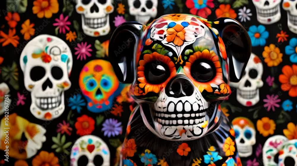 Intricate day of the dead dog sculpture contrasting with colorful sugar skull backdrop in vibrant display